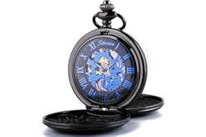 SIBOSUN Pocket Watch Skeleton Mechanical Double Case Hand-Wind Roman Numerals Antique Chain Mens