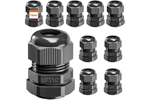 10 Pcs 1/2 NPT Black Nylon PA66 IP68 Waterproof Adjustable Cable Glands with Gaskets & Locknut - Strain Relief Cord Grip Conn