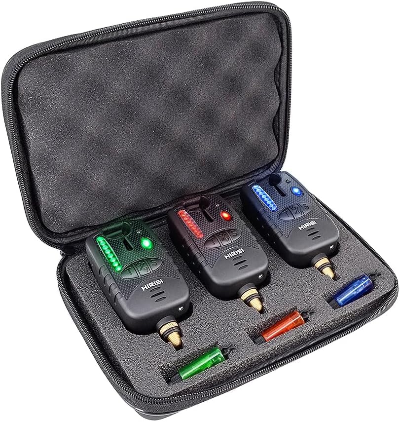 Hirisi 3 x Fishing Bite Alarm and Indicators, Colour Red, Blue, and Green in a Case