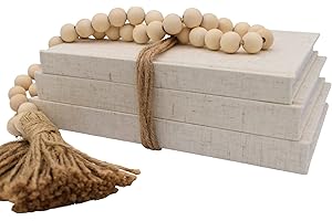 KIGAN HOME INC. Kigan Home Linen Decorative Books, Set of 3 (Assorted Size Sandy Beige) - Neutral Fabric Books with Wooden Bead Garland for Boho Home Decor, Shelves, Fireplace Mantel, Coffee Table, Tiered Tray