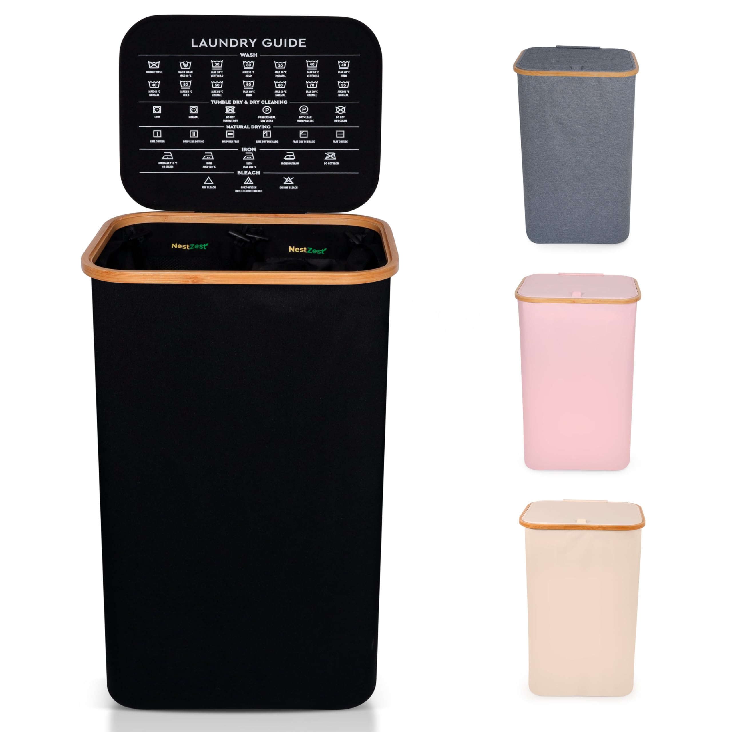 Nest Zest 100L Double Laundry Basket with Lid, 2 Compartments to Sort Washing, Hamper Laundry Bin with Care Guide & 2 Removable Inner Bags, Dirty Clothes Basket with Bamboo Rim Oxford Fabric (Black)