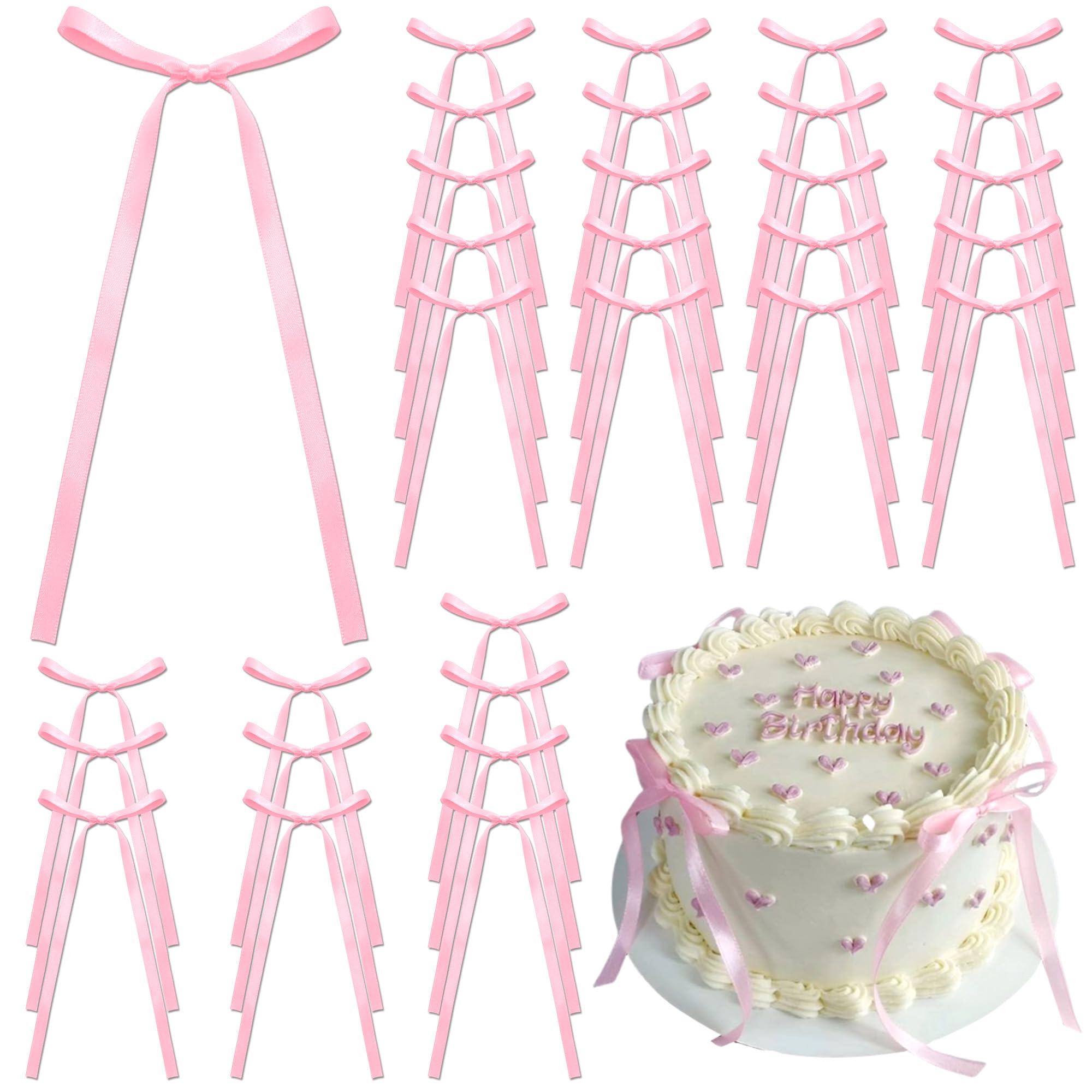 Photo 1 of 30PCS Pink Bows for Cake Toppers Satin Ribbon Bow for Craft Gift Wrapping Large Premade Bows Coquette Cake Decorating Supplies for Bachelorette Bridal Wedding Baby Shower Theme Party Decor