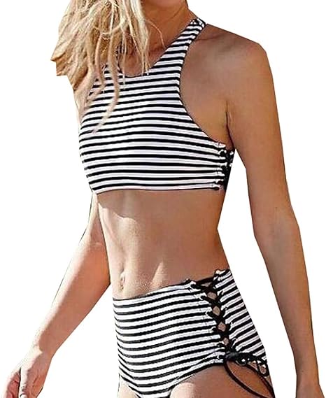 Amazon Oberoraレディースストライプハイウエスト水着ビキニセット ビキニ セパレーツ 通販