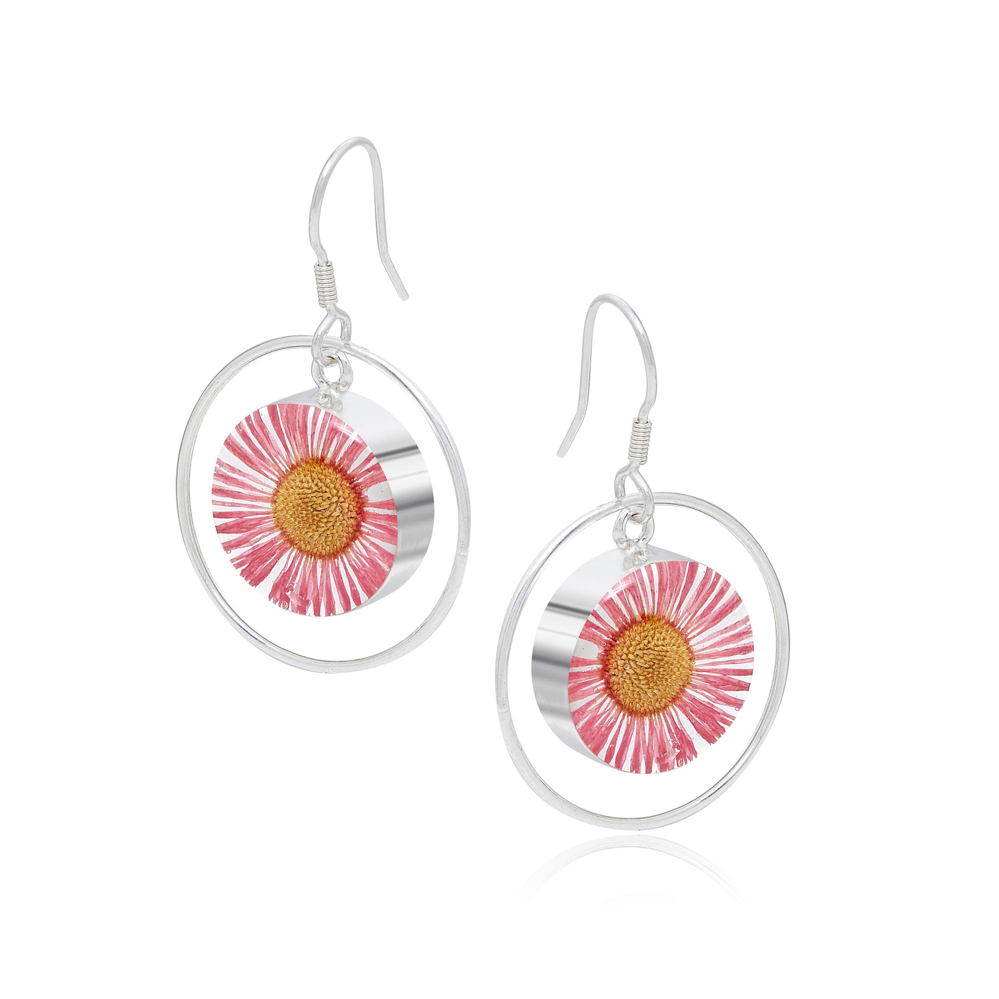 Shrieking Violet 925 Sterling Silver Round Hoop Real Flower Drop Earrings - Daisy (Pink)