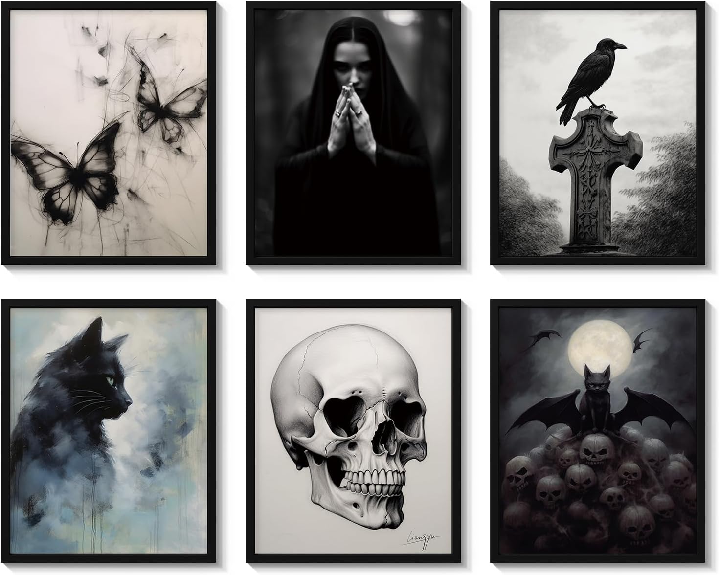 Paintings - VIYYIEA Gothic Wall Decor Wall Art Prints Skull Home Decor Aesthetic Halloween Decor Funny Creepy Wall Posters Bat Skeleton Goth Pictures Set for Living Room Decoration Gallery