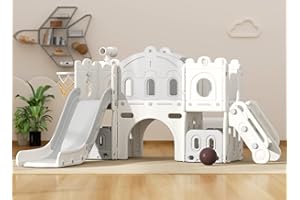 YUFU 7 in 1 Toddler Slide, Kids Climber Slide with Basketball Hoop and Ball, Indoor Outdoor Playset for Toddlers Age 1-3 (White Gray)