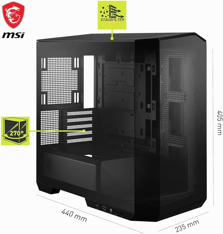 MAG PANO M100L PZ ATX PC-Gehäuse, GPU-Support-Ständer, Füllstandsanzeige, Staubfilter, 33 mm Kabeldurchlass, USB Typ-C (20Gbps)