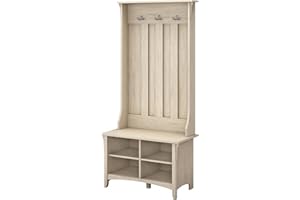 BUSH HOME Bush Furniture Salinas Hall Tree with Shoe Storage Bench in Antique White, Multi-Purpose Home Organizer, Entryway Solution with Seating and Hooks