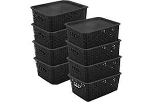 WEJOZEE Plastic Storage Baskets with Lid - Plastic Storage Containers Stackable Storage bins| Storage Baskets for Organizing Shelves Drawers Desktop Closet Playroom Classroom Office (Black)