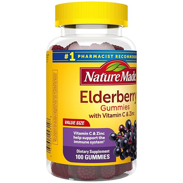 NATURE MADE ELDERBERRY WITH VITAMIN C AND ZINC, DIETARY SUPPLEMENT FOR IMMUNE SUPPORT, 100 GUMMIES, 50 DAY SUPPLY