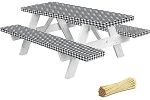 LINPRO Premium Picnic Table Cover with Bench Covers Vinyl Fitted Picnic Table Covers with Elastic RV Camping Accessories and Camper Must Haves Waterproof (Black Gingham, 72 x 30 (6ft))