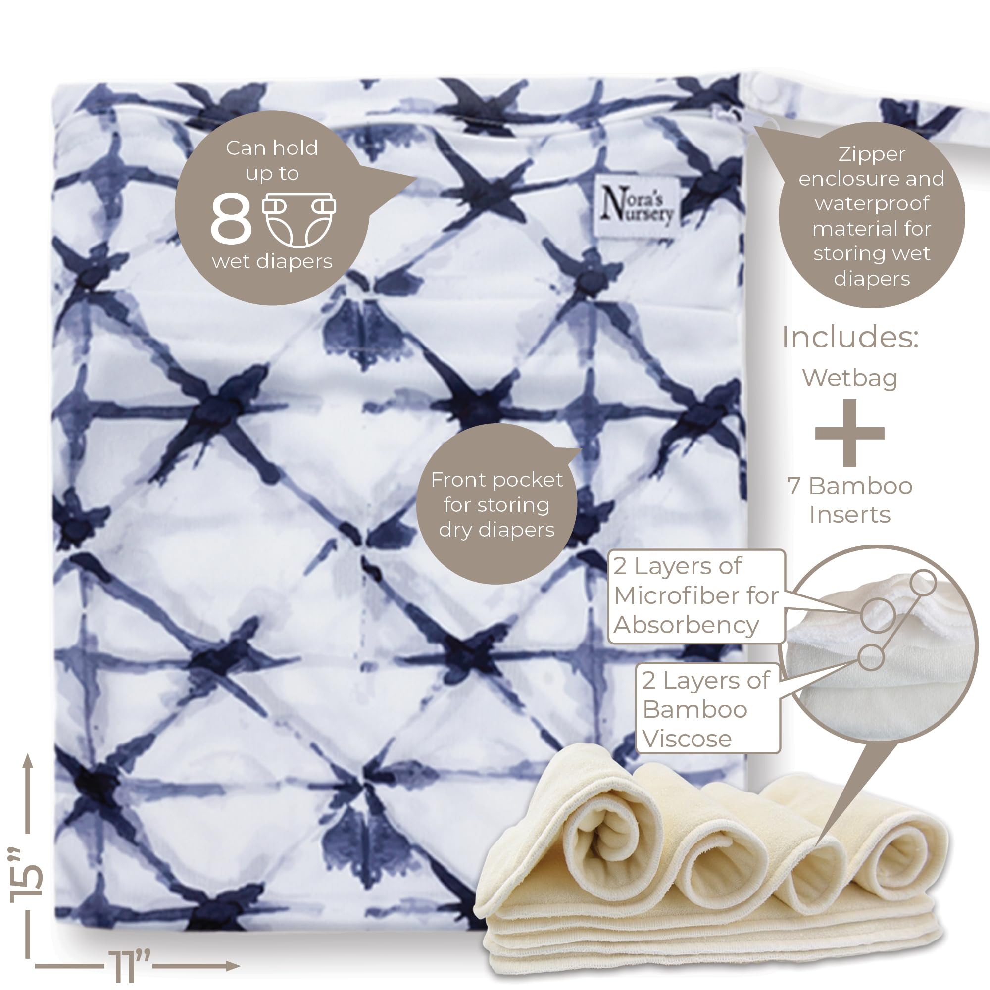 Nora's Nursery Cloth Diapers 7 Pack with 7 Inserts & 1 Wet Bag - Waterproof Cover, Washable, Reusable & One Size Adjustable Pocket Diapers for Newborns and Toddlers - Down to Earth