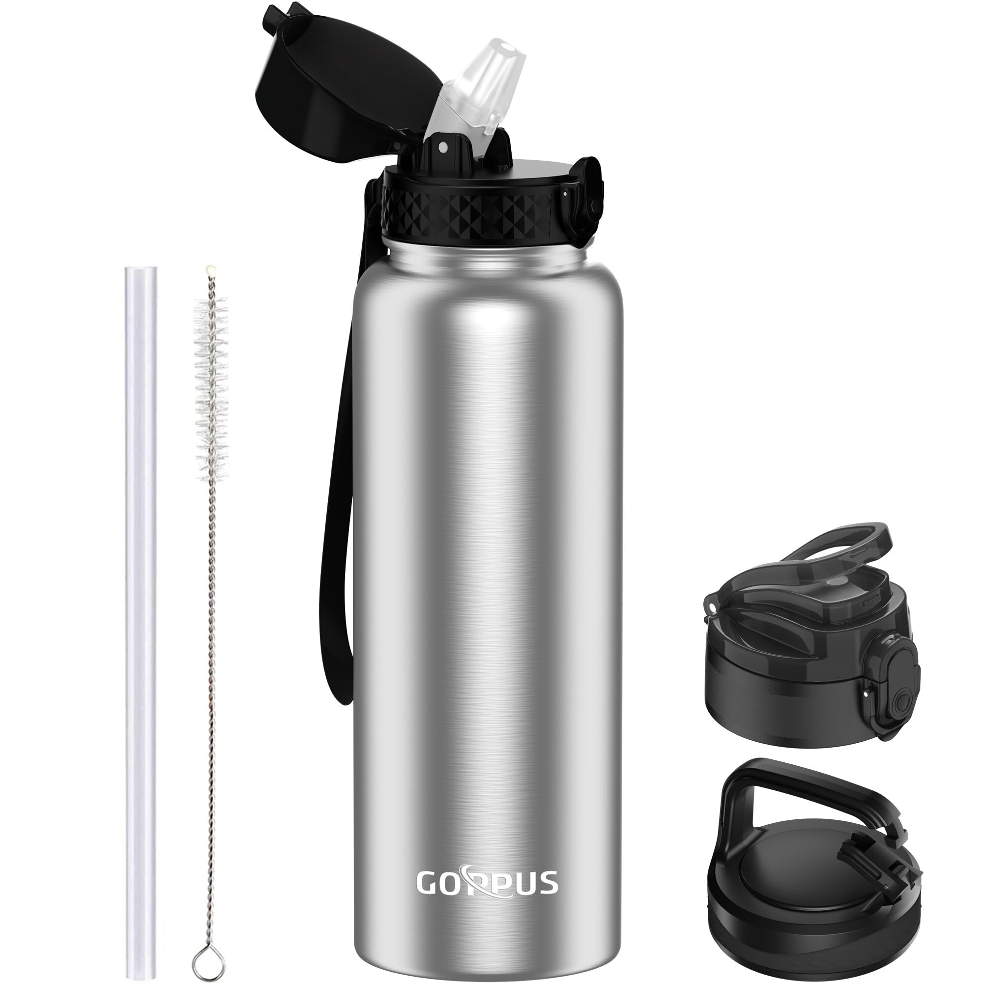 GOPPUS 1.2L/40oz Stainless Water Bottle with Straw Double Wall Insulated Bottles with Strap Large Vacuum Thermal Flask Leakproof Keep Cold Drinks Bottles with Flip Top Lid for Men Women BPA Free