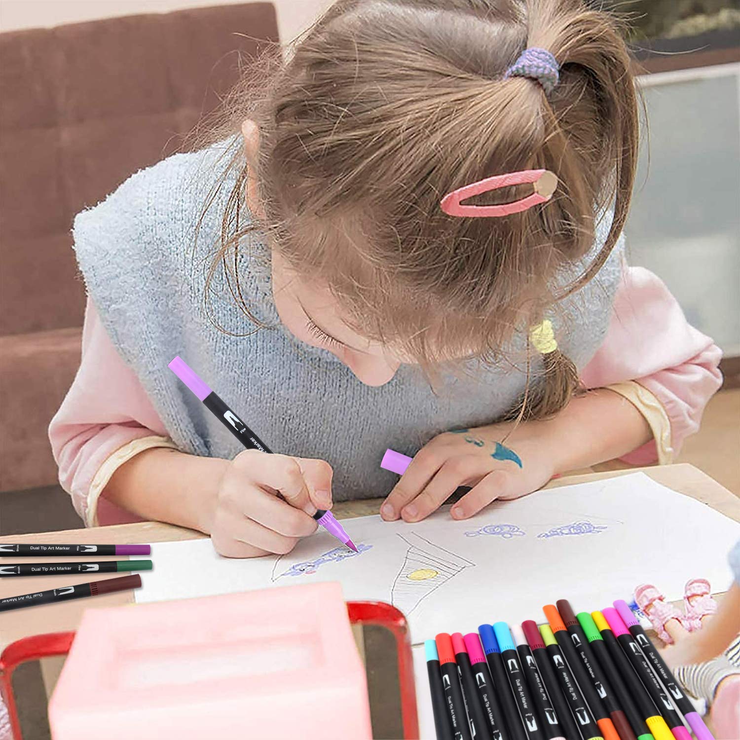 wonsar Dual Brush Pen Set: Filzstifte 24 Farben Dicke und Dünne Pinselstifte Marker Fineliner Aquarell Für Bullet Journal, Malbücher, Handlettering, Mandala stifte Malstifte Für Kinder und Erwachsene 5