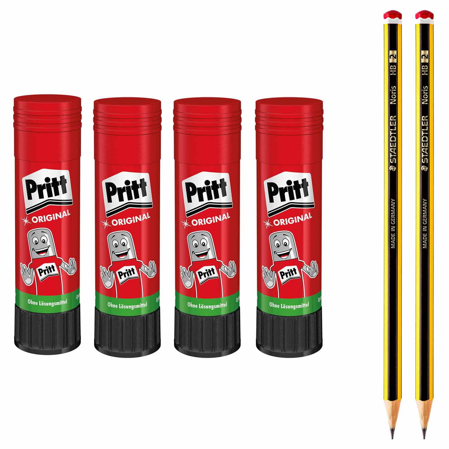Pritt Glue Stick, Safe and Child-Friendly Glue for Arts and Crafts, Strong Adhesive for School and Office Supplies, Economy Set with 4 x 22 g Pritt Pen and 2 x HB Pencils, 9HPKS22P1X