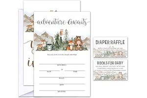 Geuro Set of 25 Baby Shower Invitations with Envelopes, Diaper Raffle Tickets and Baby Shower Book Request Cards, Adventurer Jungle Animals