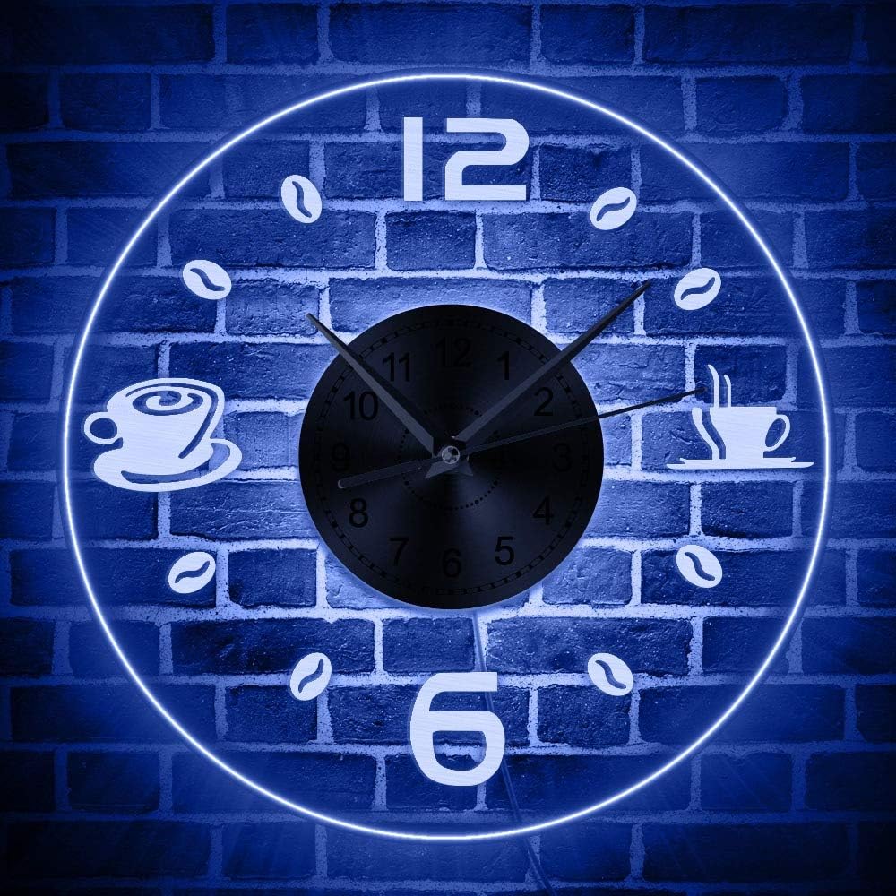 JSGJZY Coffee Vintage Design Illuminated Wall Clock Coffee Bean Led Lighting Business Neon Cafe Kitchen Wall Art Coffee Bar Decor