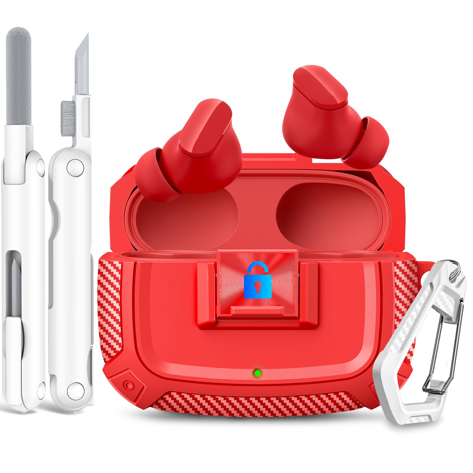 Sucure Lock Case for Beats Studio Buds/Buds Plus Locking Case Cover with Lock Clip & Cleaner Kit Pen, Buds + 2023 Impact and Smudge Resistant Case Cover with Men Women (Red)