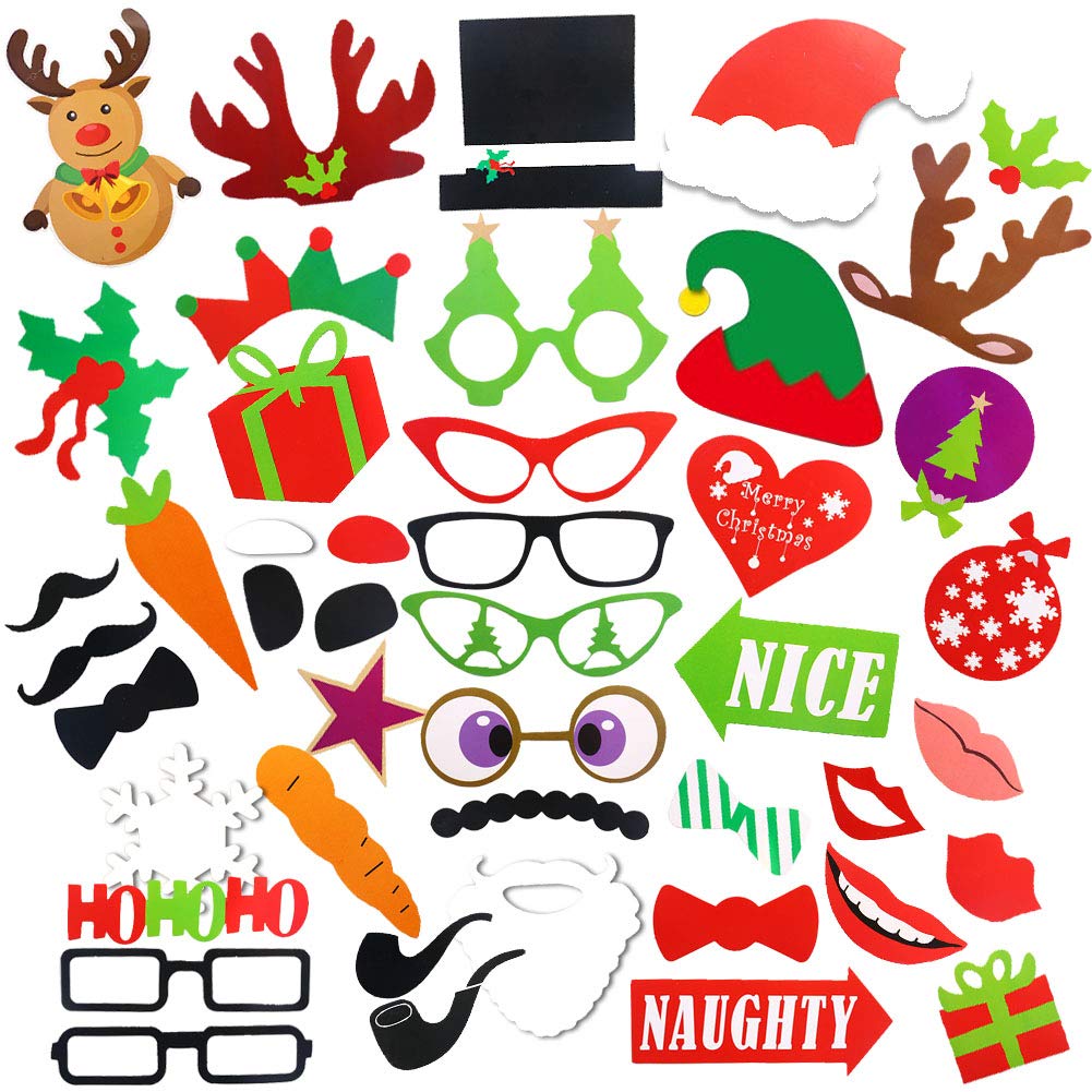 Christmas Party Photo Booth Props, 52PCS DIY Kits Dress-up Decoration for Christmas Theme Party Favors Decorations
