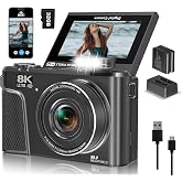 8K Digital Camera for Photography, Vlogging Camera for YouTube with WiFi | 88MP HD Camera 3" 180&deg; Flip Screen, Fill Light, Filters, Beauty &amp; 32GB SD Card &amp; 2 Batteries (Gunmetal)