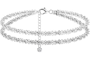 PATISORNA 925 Sterling Silver Ankle Bracelets for Women,Layered Anklets Bracelet for Women Waterproof Link Heart Beads Glitte