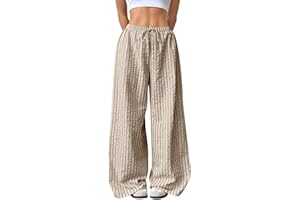 Womens Wide Leg Striped Pant Elastic Waist Casual Loose Track Trousers with Side Pockets Baggy Lounge Palazzo Pant