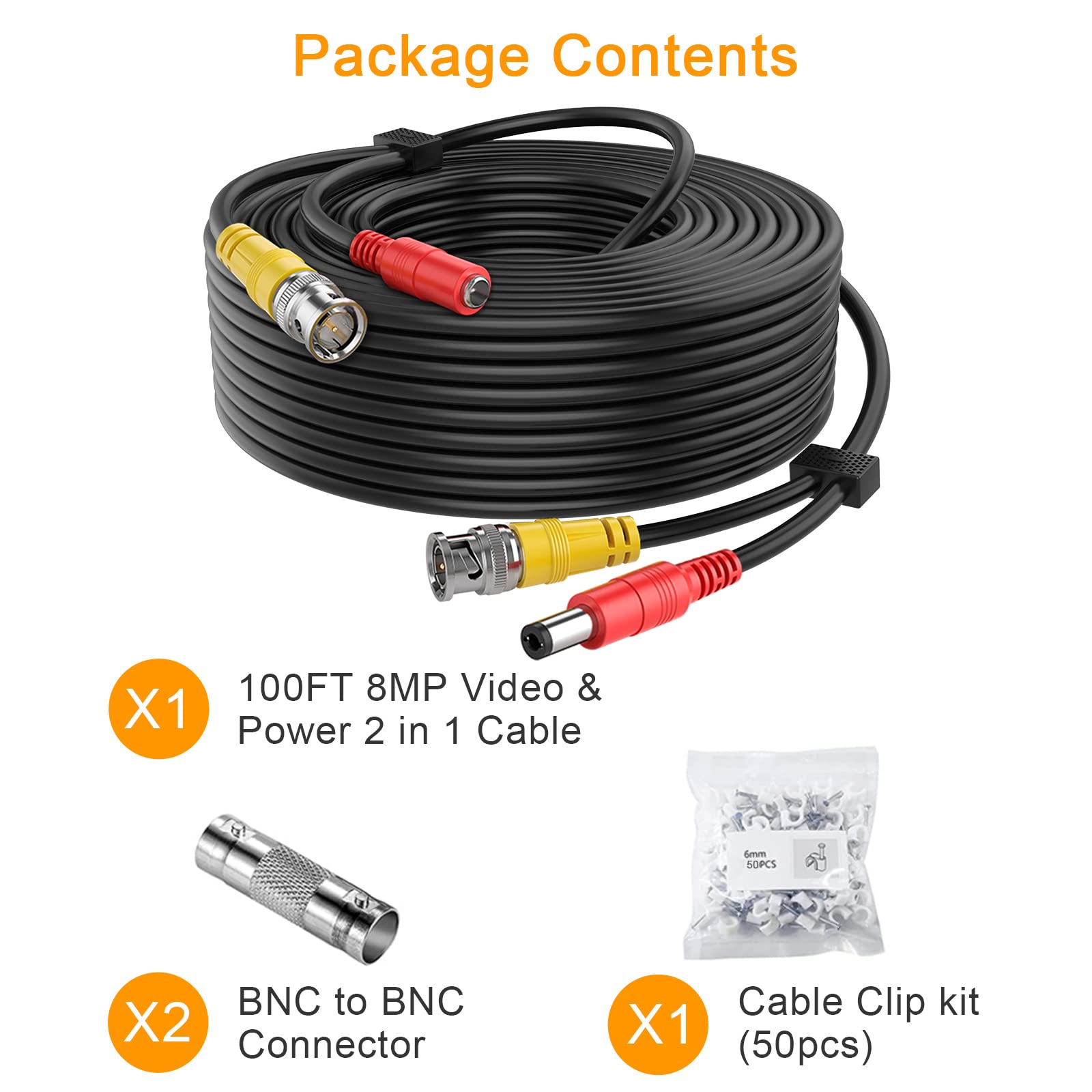 WILDHD [20AWG Cables] 100ft 8MP/4K BNC Cable All-in-One Siamese Video and Power Security Camera Cable, BNC Extension Wire Cord with 2 Female Connectors for All HD CCTV DVR Surveillance System(Black)