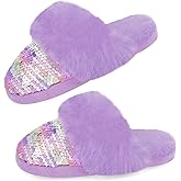 Orthoshoes Girls Sequined Fluffy Slippers, Faux Fur Memory Foam, Non-Slip Indoor House Shoes