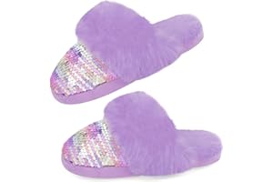 Orthoshoes Girls Sequined Fluffy Slippers, Faux Fur Memory Foam, Non-Slip Indoor House Shoes