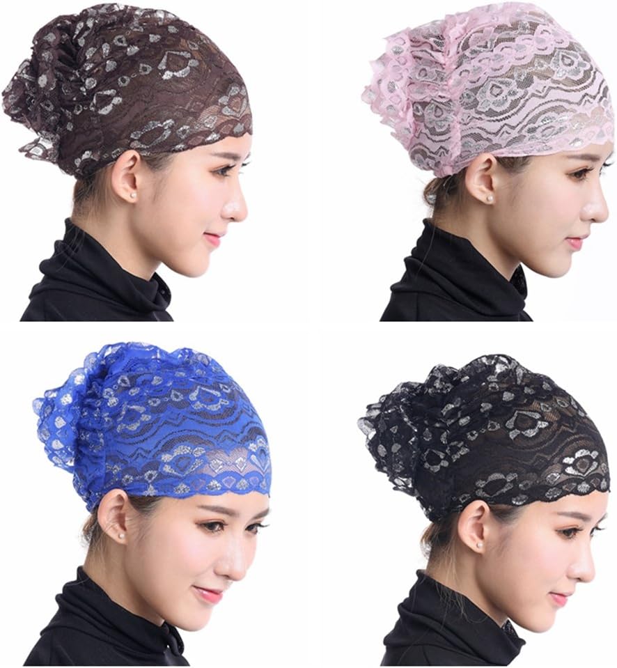Ksweet 4pcs Shiny Lace Head Cover Beanie Hat Scarf Stretch Underscarf Tube Women Hijab Bonnet Inner Hijab Caps Lace