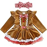 Infant Baby Girl Christmas Outfit Gingerbread Man Costume Long Sleeve Bowknot Lace Trim Velvet Romper Dress