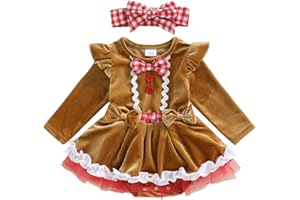 AIWPSTOIN Infant Baby Girl Christmas Outfit Gingerbread Man Costume Long Sleeve Bowknot Lace Trim Velvet Romper Dress