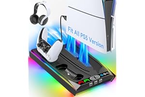 Rysker PS5/Slim/Pro Stand, PS5 Cooling Station Built-in 3-Level Cooling Fan & Fast Charger for Disc & Digital, PS 5 Accessories with Safety Screw and Headset Holder