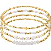 Pymach Dainty Gold Plated Pearl Crystal Beaded Bracelets Set for Women 14K Gold Plated Bead Pearl Beads Bracelet Stackable Paperclip Link Chain Bracelets Gold Plated Bracelets for Women Trendy Jewelry