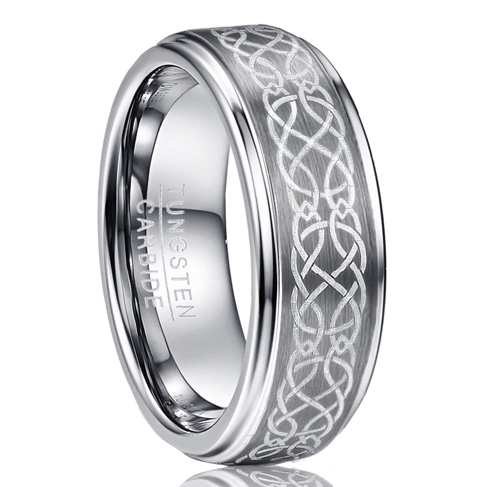 NUNCAD 8mm Polished Finish Step Edge Celtic Tungsten Ring Wedding Band Brushed Center Comfort Fit Size Z+1.5