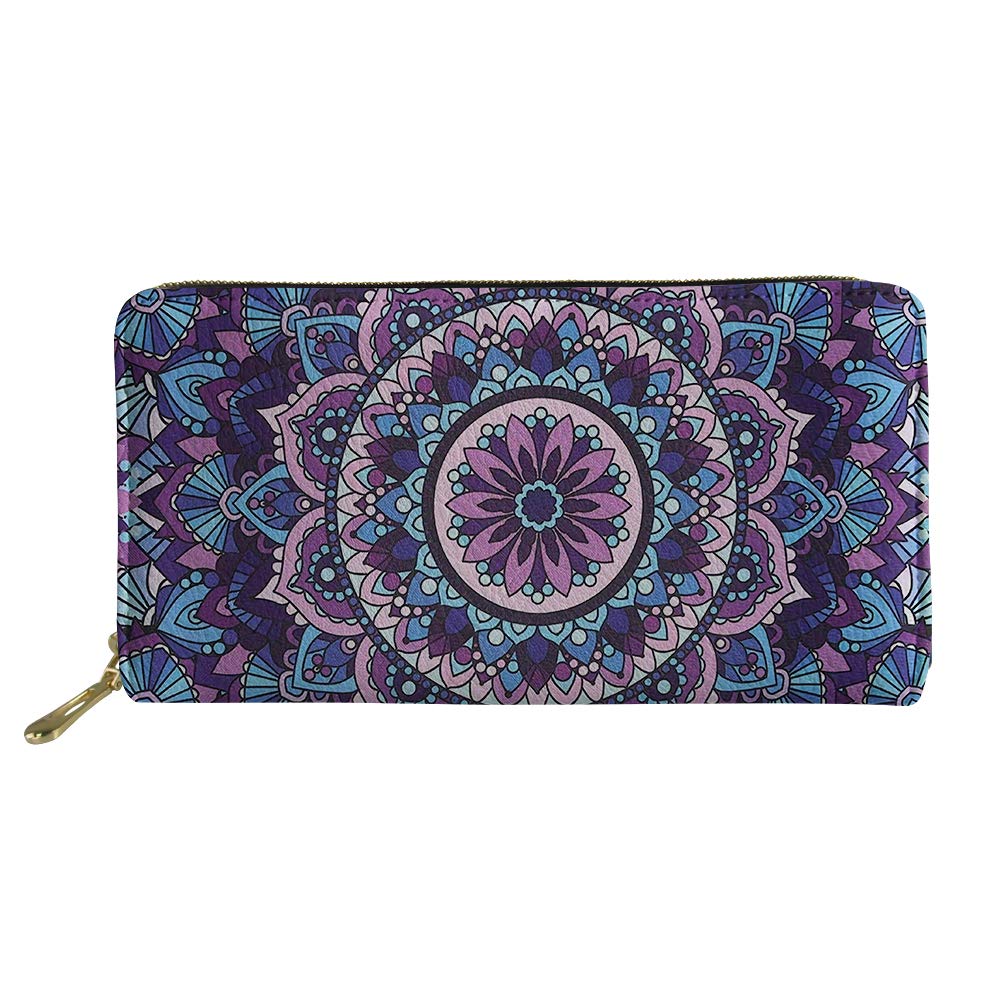 COEQINE Mandala Floral Purple Wallets Purse Long Leather Clutch Zip Around Cards Phone Holder for Handbags Wallet for Women
