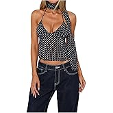 Verdusa Women's Y2K Polka Dots Tie Backless Halter Top Slim Fit Going Out Crop Tops with Neck Scarf