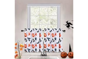 CAROMIO Halloween Kitchen Curtains 24 Inches Length, Pumpkins/Bats/Witch Hat/Lanterns Printed Halloween Decorations Short Tier Curtains for Kitchen Cafe Bathroom Window Curtains