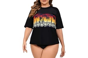 Halcurt Women's Plus Size Rash Guard Short Sleeve Swim Shirts Loose Fit UPF50+ Sun Protection Swimsuit Top Only