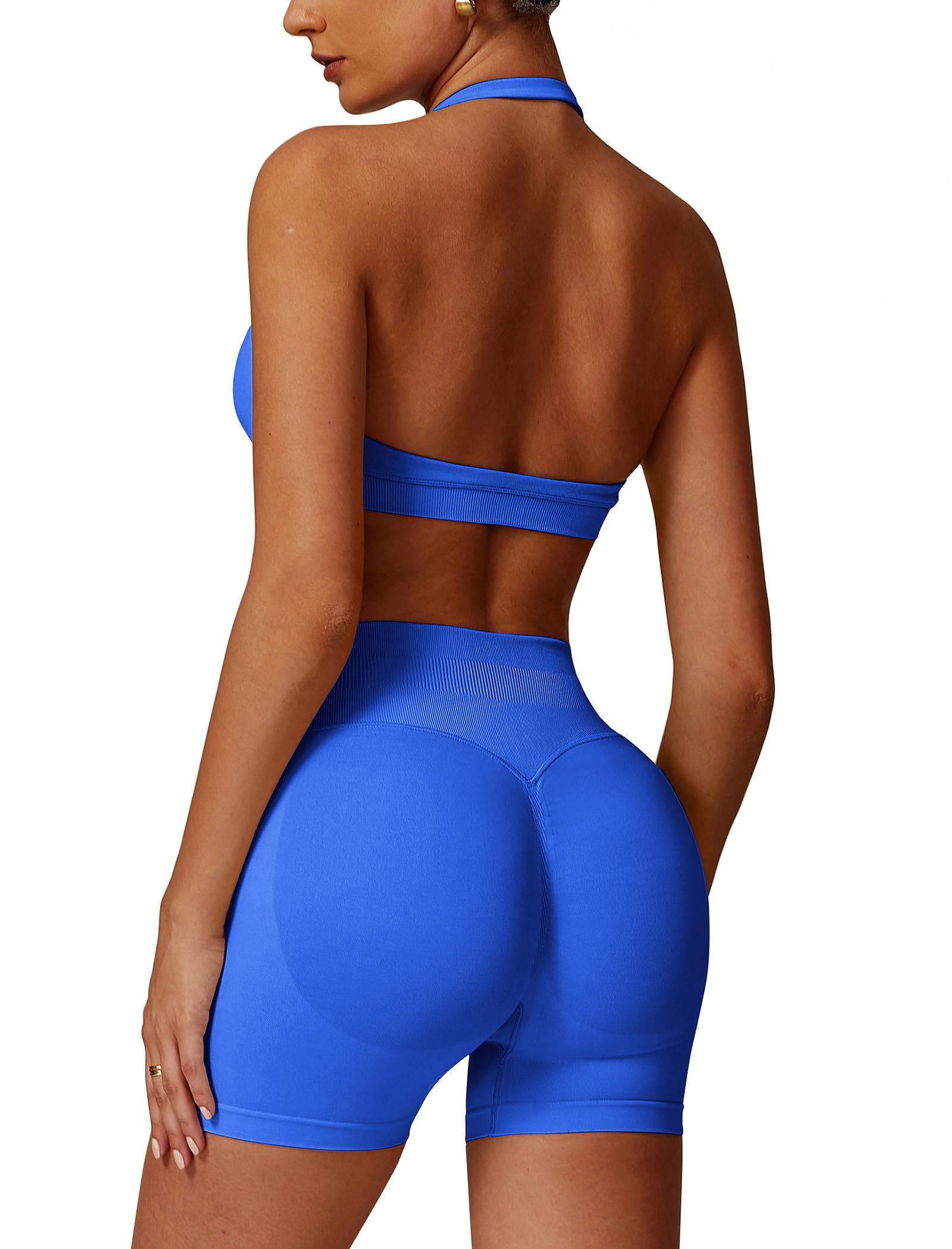 Photo 1 of ABOCIW Workout Sets for Women Seamless High Waist Scrunch Butt Lifting Gym Shorts Halter Sports Bra 2 Piece Yoga Outfits Work Out Clothes Electric Blue Small