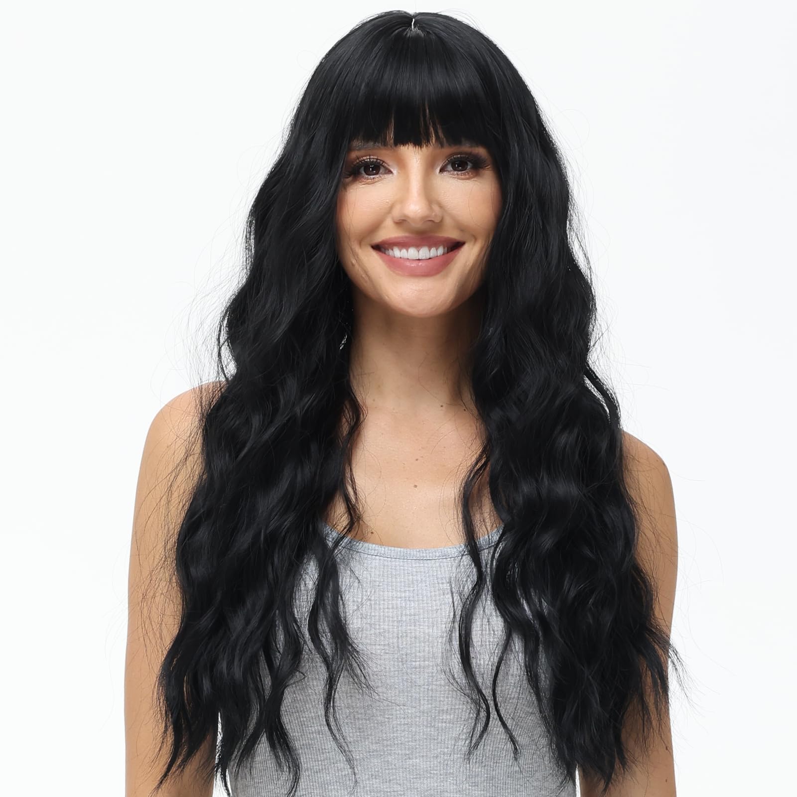 BUYOGET Long Curly Wavy Natural Black Wig with Fringe Adjustable 24 Inch Synthetic Cosplay Daily Hair Wigs for Women