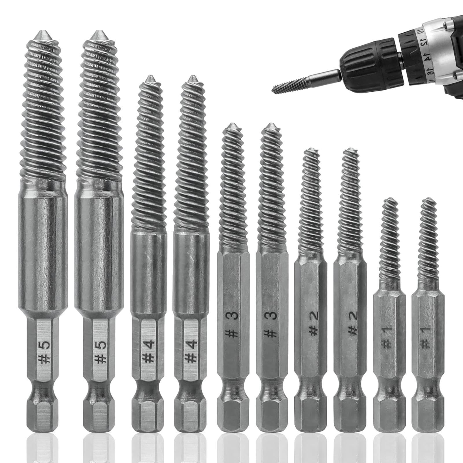 Screw Extractor Drill Bit Set, 10 Pcs 1/4" Hex Shank Screw Extractor Set, Screw Remover and Extractor Bit Set, 5 Sizes Stripped Screw Removal Tool for Removing Broken Bolts, Studs