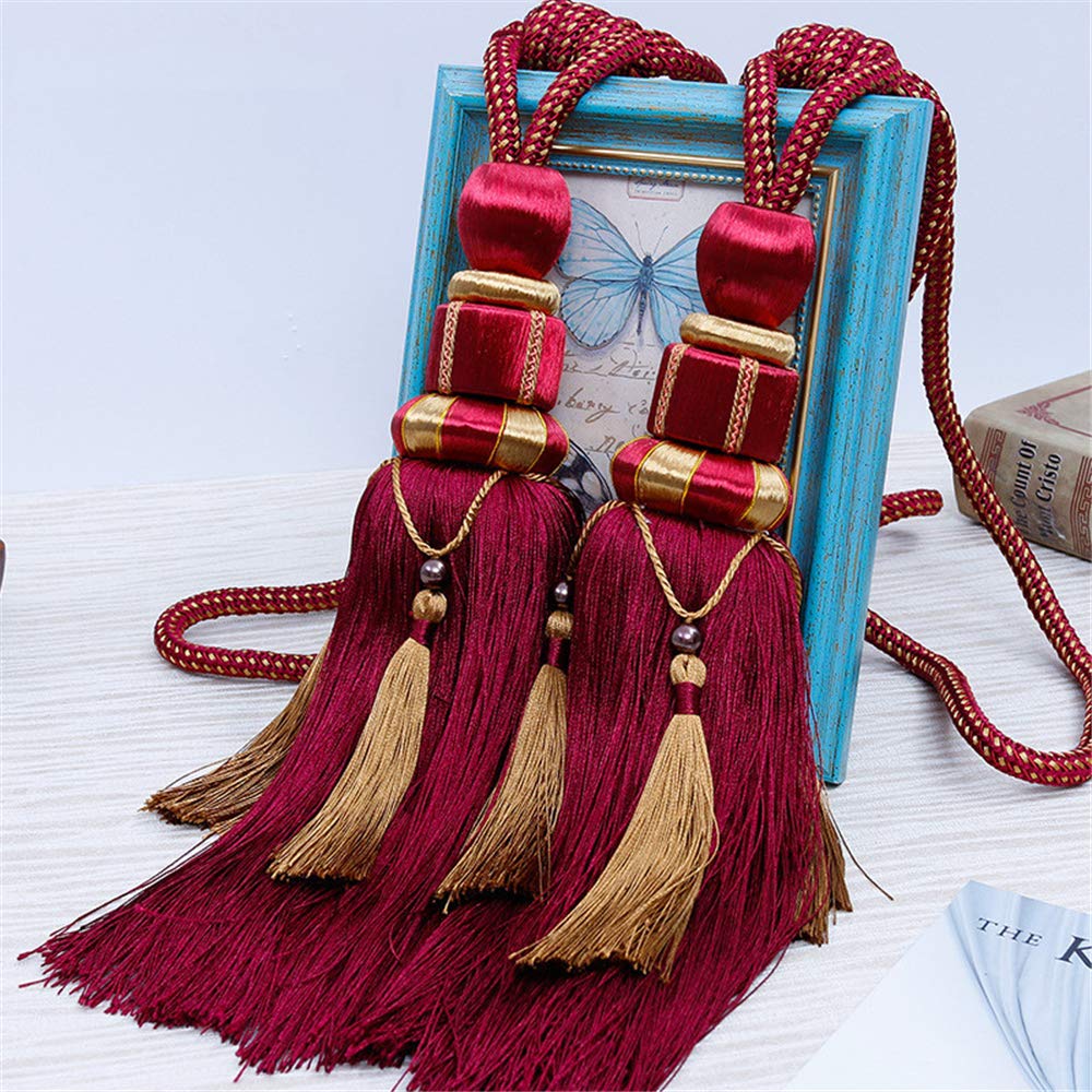 ZHMF 1 Pair Curtain Tiebacks Holdbacks Clip Binding Rope Tie Backs Handmade Tassel Tiebacks Home Window Decorative (Red2)