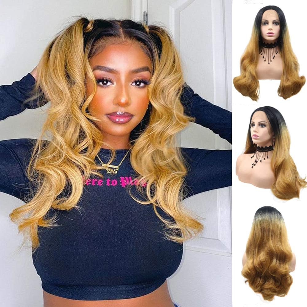 Ombre Golden Wigs for Women Dark Roots Long Brown Lace Front Synthetic Wig Heat Resistant Fiber Glueless Hair Costume Halloween Cosplay Anime Daily Use Full Wigs 24 Inches