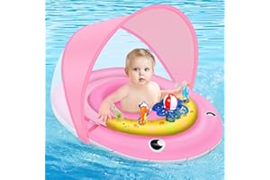 OLEOLETOY Baby Pool Float with Canopy UPF 50+ Sun Protection, 6-24 Months Inflatable Infant Swimming Ring, Bath Floatie, Swimming Pool Accessories, and Toy Play Console with Adjustable Safety Seat