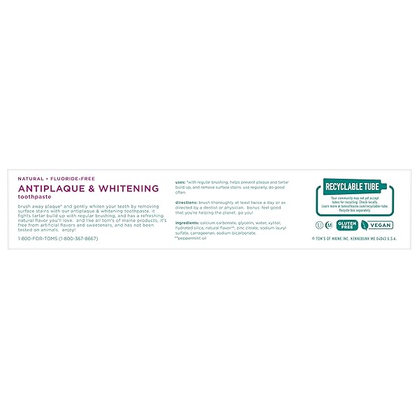 TOM’S OF MAINE FLUORIDE-FREE ANTIPLAQUE & WHITENING NATURAL TOOTHPASTE, PEPPERMINT, 5.5 OZ. (PACK OF 2)