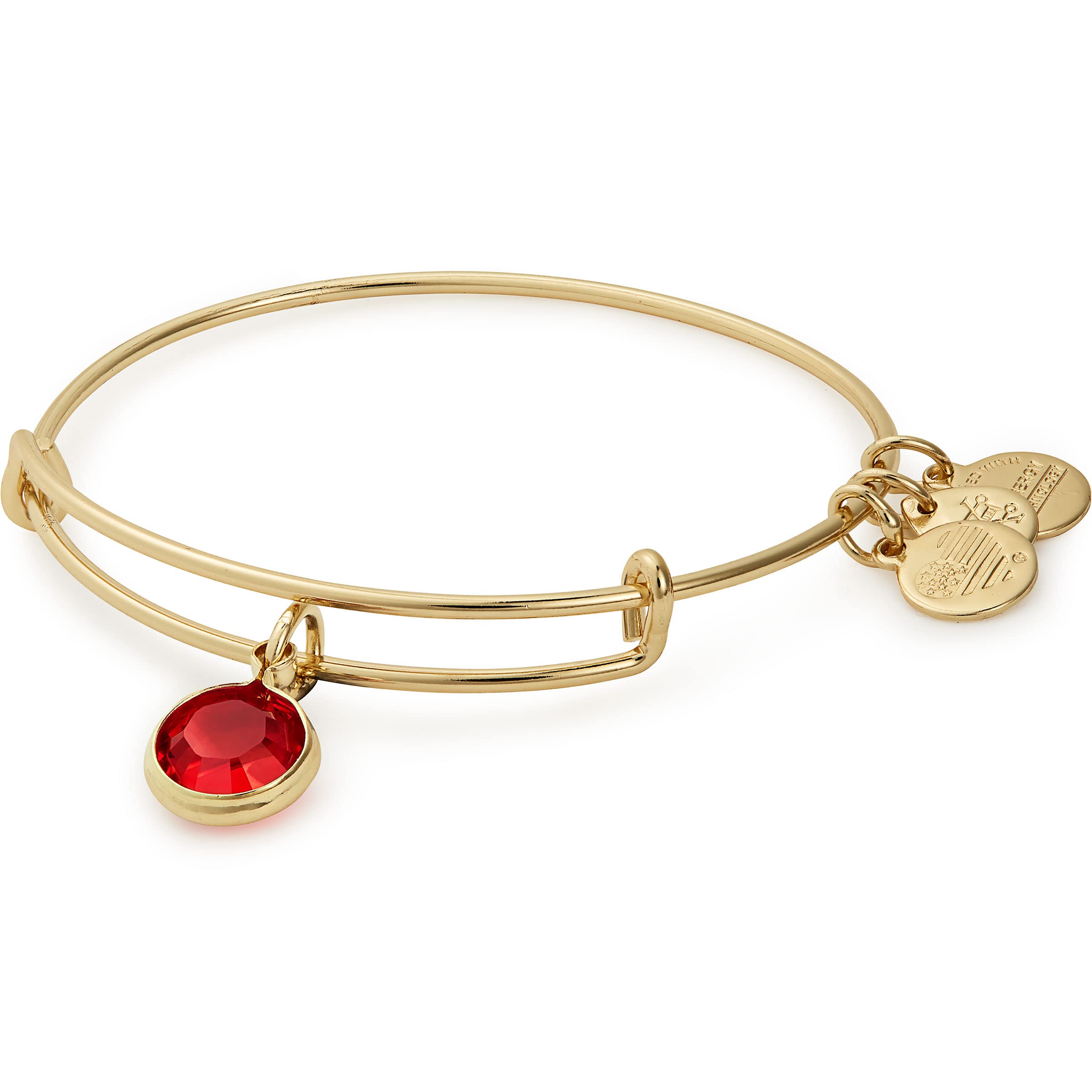 Brazalete expandible con piedras natales de Alex and Ani para mujer, dije de cristal siam claro para julio, acabado dorado brillante, 2 a 3,5 pulgadas