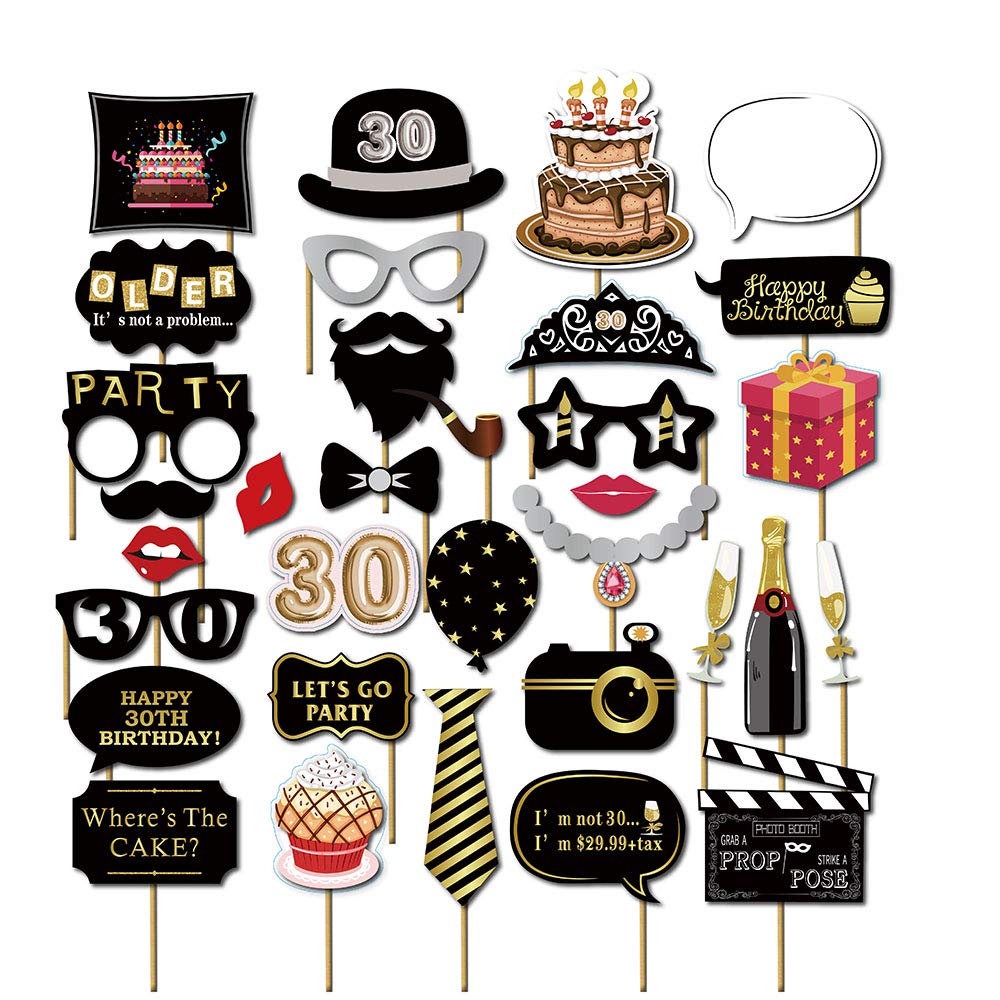 SWHATYW 32PCS 30th Thirty Year Old Happy Birthday Party Supplies Favor Photo Booth Props