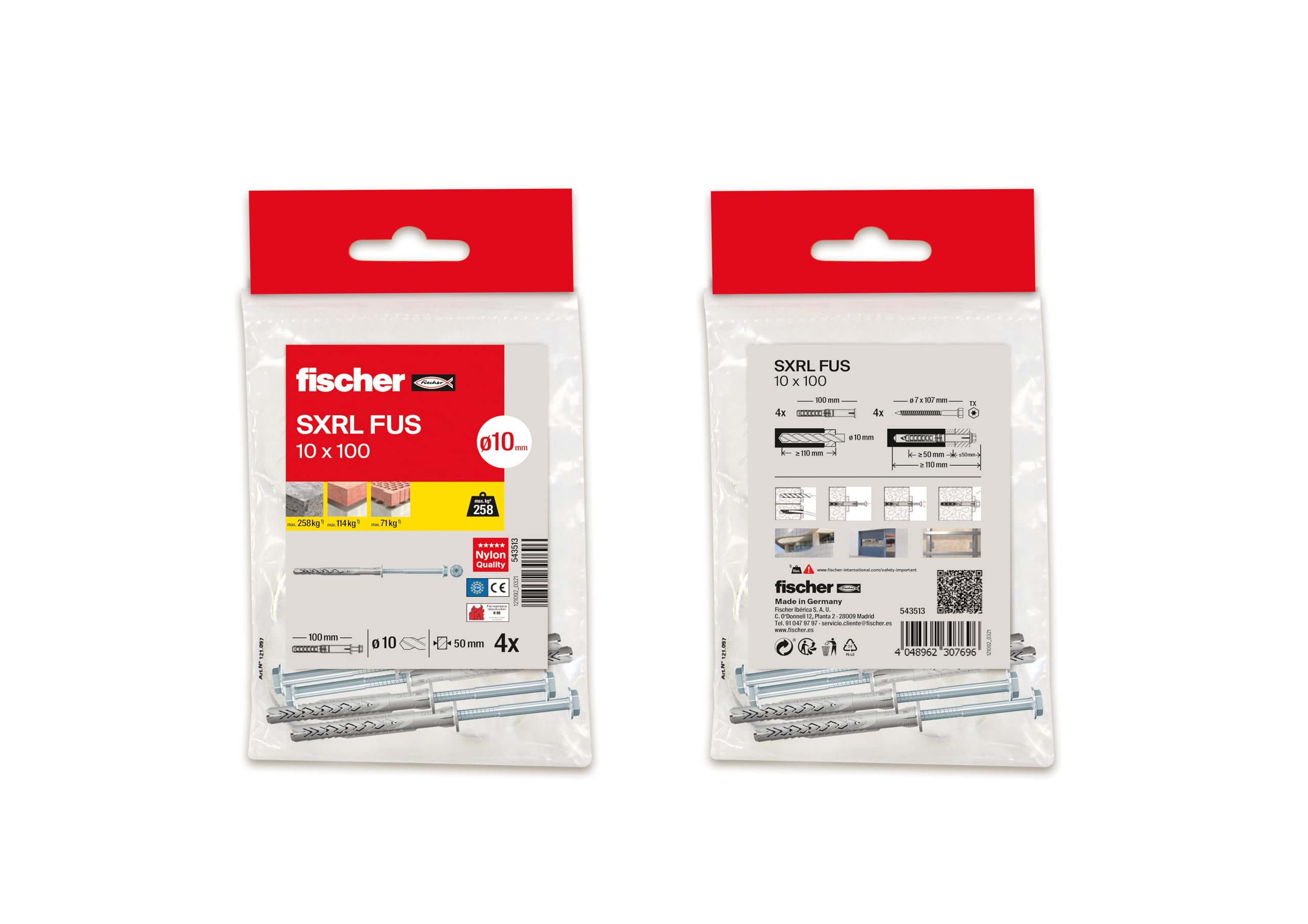fischer - Plugs with Long Screws SXRL 10X100, for Concrete and Brick wall, Bag 4 pcs