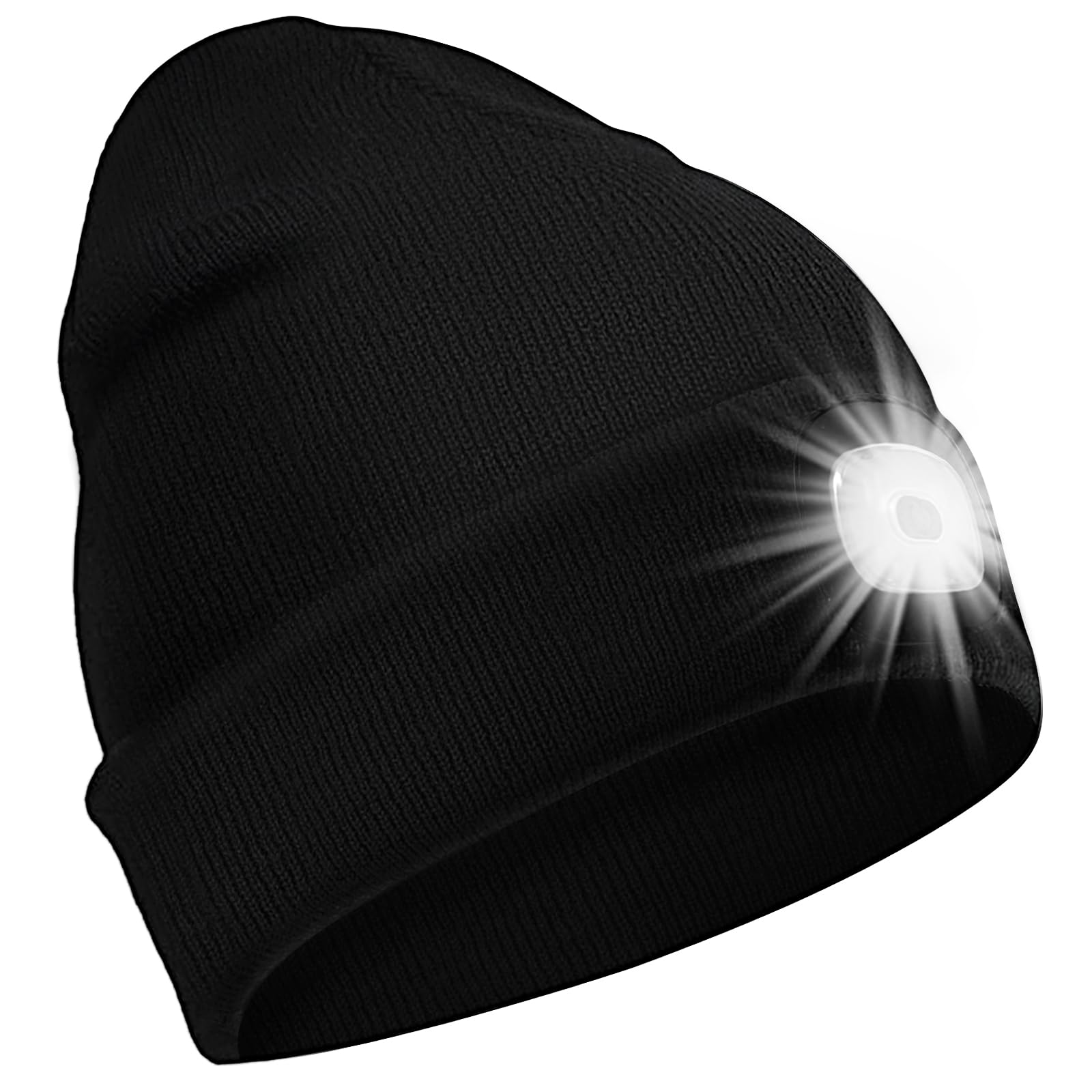 SPGOOD LED Lighted Beanie Cap USB Rechargeable 4 LED Bright Headlamp Winter Warmer Hat with 3 Brightness Levels Hands Free Multi-Color Unisex Light Lamp (Black)